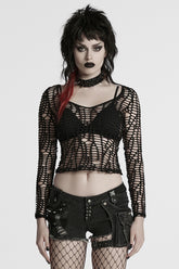 Black Long Sleeves Sheer Mesh Ripped Women's Punk T-Shirt